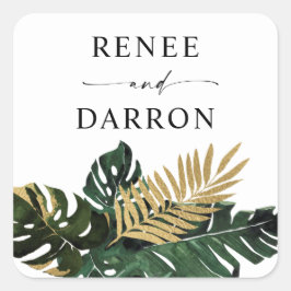 Tropiska Handflatan Löv Guld 4 Fyrkantigt Klistermärke