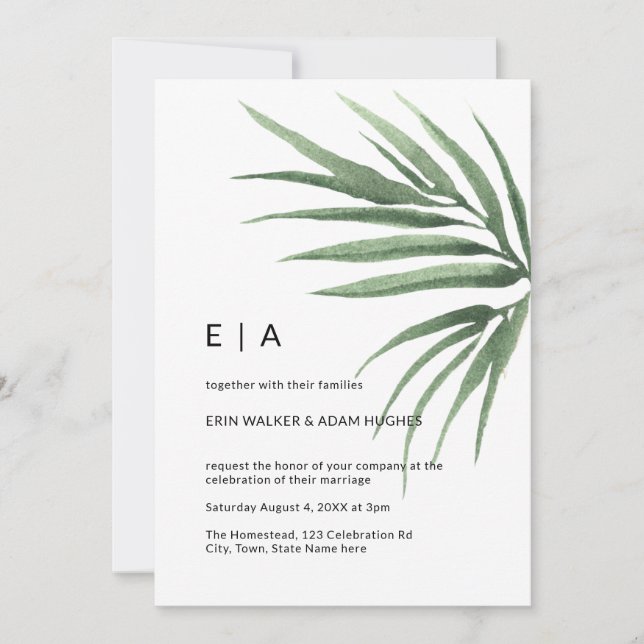 Tropiska Handflatan-Löv-minimalistiska Greenery Inbjudningar (Framsida)