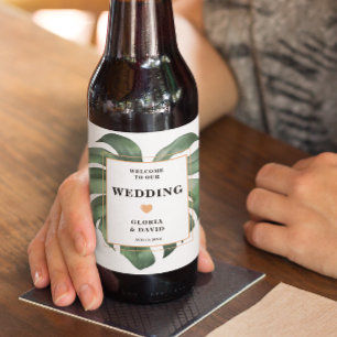 Tropiska Handflatan Löv Monstera Bröllop Ölflaska Etikett