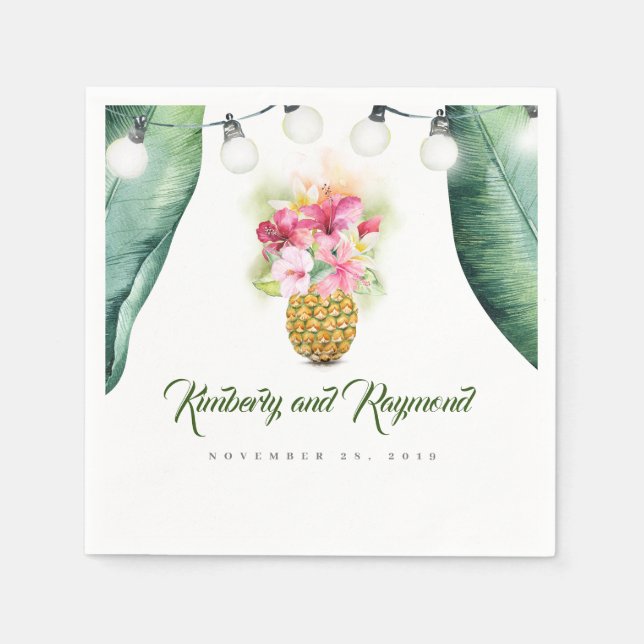 Tropiska Handflatan Löv och Blommigt Ananas Vas Be Pappersservett (Framsidan)