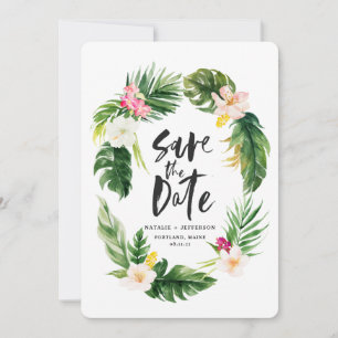 Tropiska handflatan löv och blommigt vattenfärgsbl spara datumet