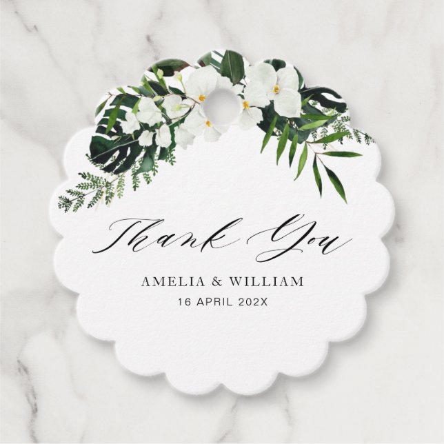 tropiska handflatan-löven  grönt blommigt bröllop gåvor etiketter (Framsida)