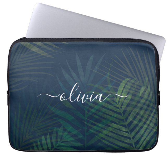 Tropiska Handflatan Löven Laptop sleeve - Mörk grö (Framsidan)