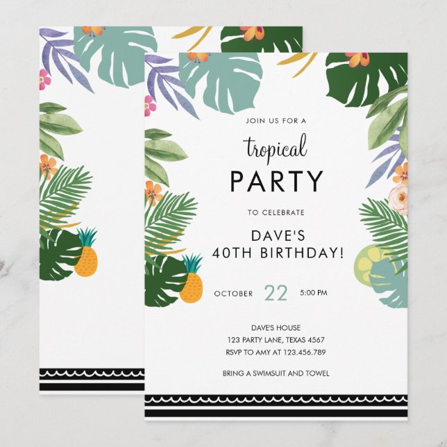 Tropiska Handflatan Luau-Vuxen Hawaiian Birthday Inbjudningar (Fram/baksida)