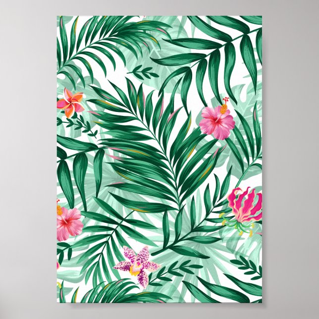 Tropiska Handflatan & Monstera Löv & Exotiska blom Poster (Framsidan)