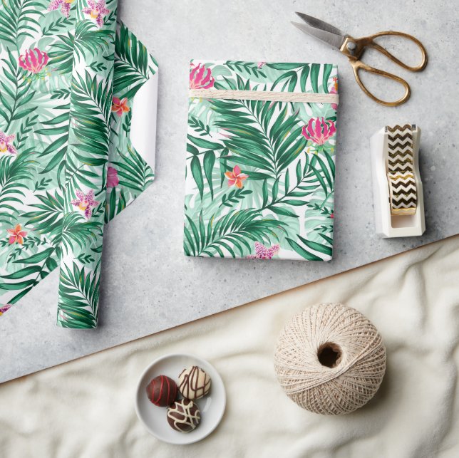 Tropiska Handflatan & Monstera Löv & Exotiska blom Presentpapper (Hantverk)