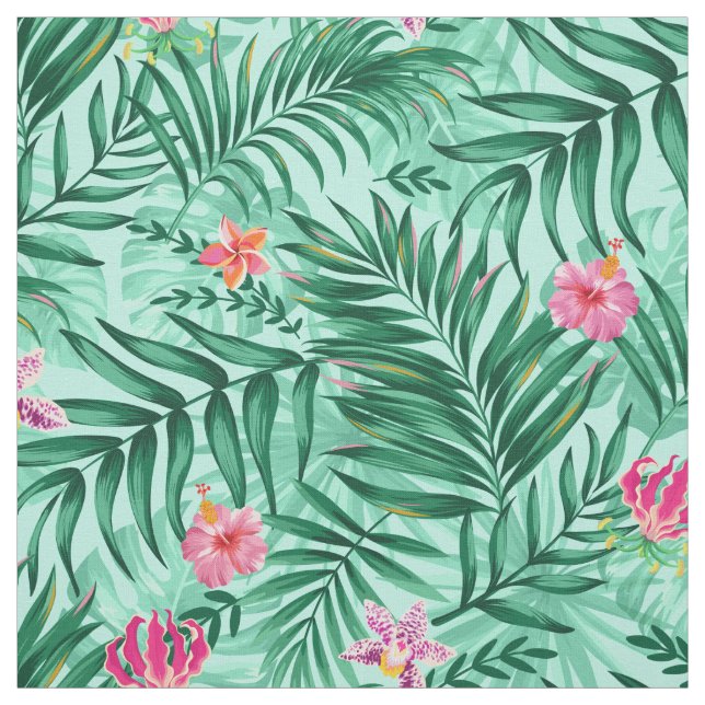Tropiska Handflatan & Monstera Löv & Exotiska blom Tyg (Provkarta)