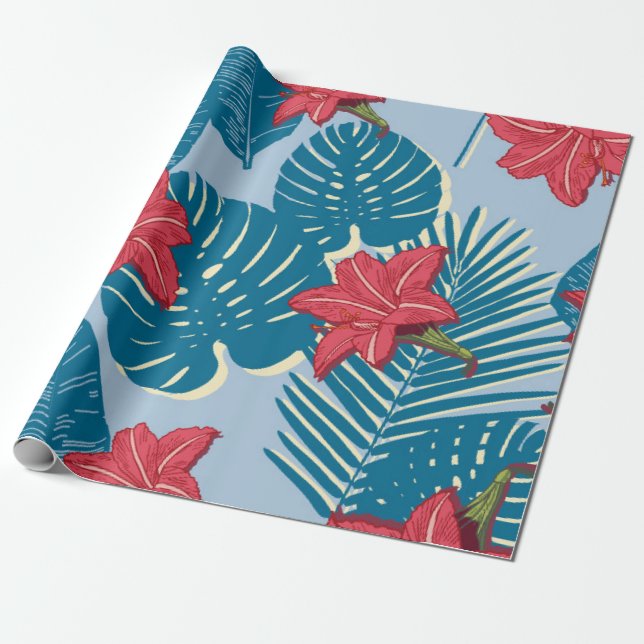 Tropiska Handflatan, sömlös löv blå mönster Presentpapper (Utrullad)