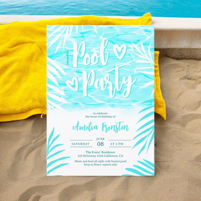 Tropiska handflatan sommarblått bassäng party Swee Inbjudningar (Tropical palm summer blue pool party Sweet 16 Invitation)