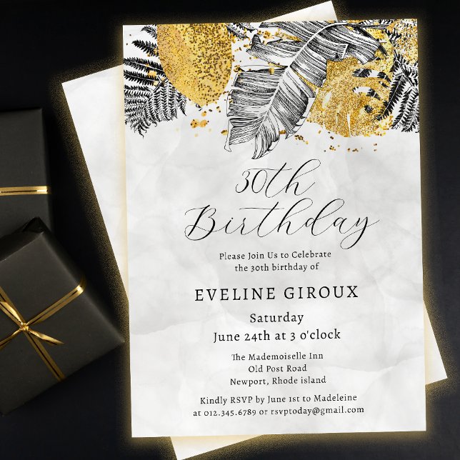 Tropiska Handflatan Svarta vita Guld 30års födelse Inbjudningar (Need matching black and gold tropical palm party supplies? Message me!)