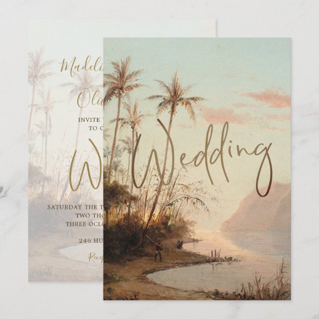 Tropiska Handflatan Träd Elegant Vintage Guld Bröl Inbjudningar (Fram/baksida)