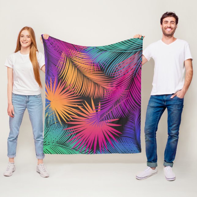 Tropiska Handflatan Träd Lämnar Jungle Rainbow Fleecefilt (På plats)