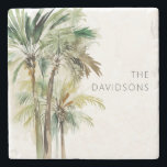 Tropiska Handflatan Träd Modern Beach Stenunderlägg<br><div class="desc">Den här underlägg designen har en grönt av vacker tropisk lush och brunt vattenfärg handflatan träd på en ren,  vit bakgrund. Perfekt till stranden älskare eller ett strandhus. Anpassa det till din familj namn. Skapat av Farmhouse Press.</div>