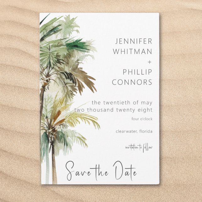 Tropiska Handflatan Träd Modern Bröllop Spara Datumet (Tropical Palm Trees Modern Wedding Save The Date)