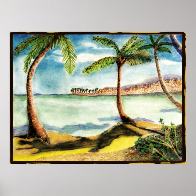 Tropiska Handflatan Träd och Beach Teckning Poster (Framsidan)