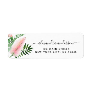 Tropiska Handflatan Watercolor Rosa Grönt Returadr Returadress Etikett
