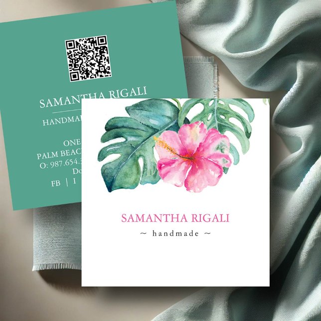 Tropiska Handgjorda Blombusinesskort QR-kod Tilläggskort (Business cards with qr-code tropical pink hibiscus flower and monstera watercolor DoTellABelle)