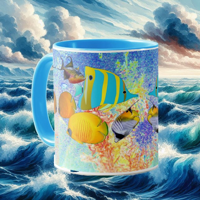Tropiska havets färgstarka fiskkorallrev blått hav mugg (Tropical Sea Colorful Fish Coral Reef Blue Ocean Mug)