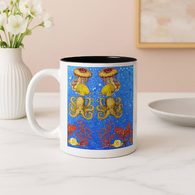 Tropiska havets färgstarka marinliv Djuphavsblått  Två-Tonad Mugg (Tropical Sea Colorful Marine Life Deep Blue Ocean Two-Tone Coffee Mug)
