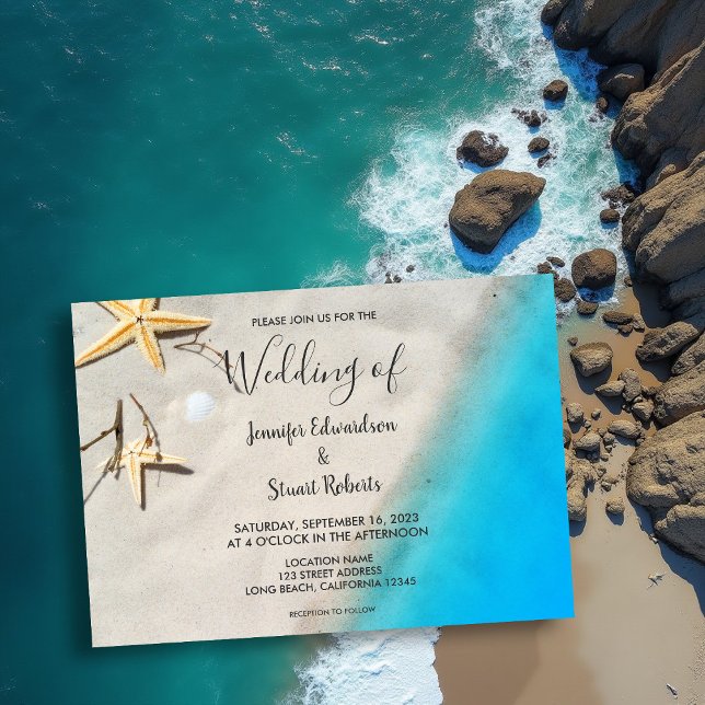 Tropiska havssand stjärnfisk sommarbröllop inbjudningar (Tropical ocean sand starfish summer beach wedding invitation.)