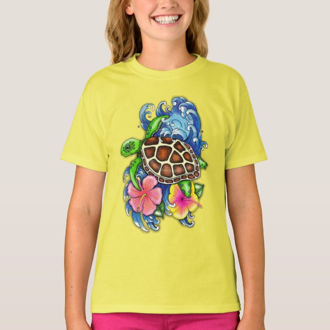 Tropiska havssköldpaddan och Hibiscus T Shirt (Framsida)