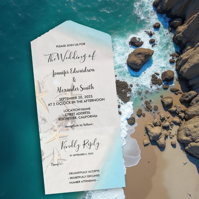 Tropiska havsstrandbröllop (Tropical ocean beach wedding all in one invitation. A wedding invitation and RSVP card in one.)