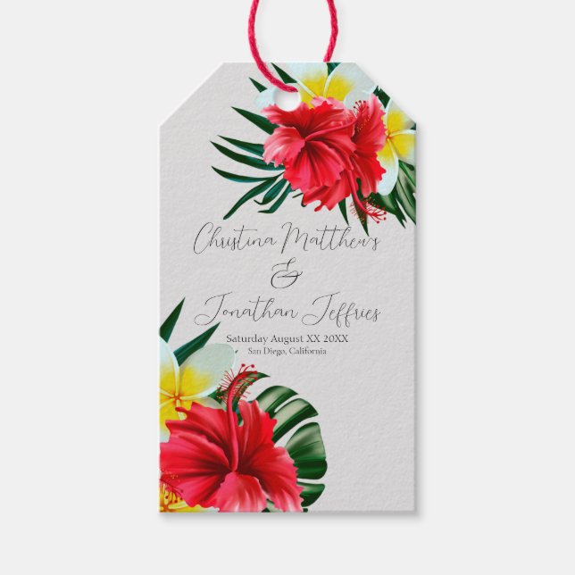 Tropiska hawaiianska blommor på elegant sagebröllo presentetikett (Framsidan)