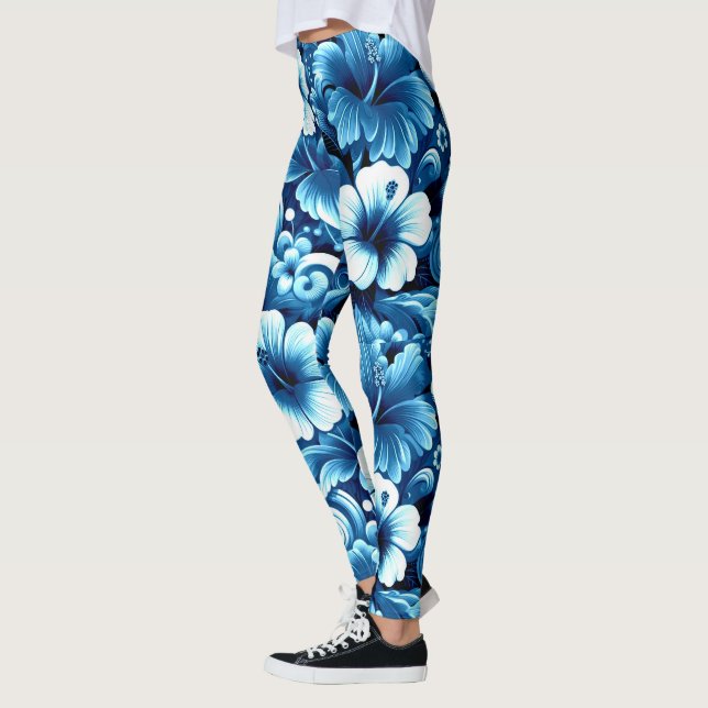 Tropiska Hawaiiska Flowers Hibiscus Blue White Leggings (Vänster)