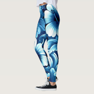 Tropiska Hawaiiska Flowers Hibiscus Blue White Leggings