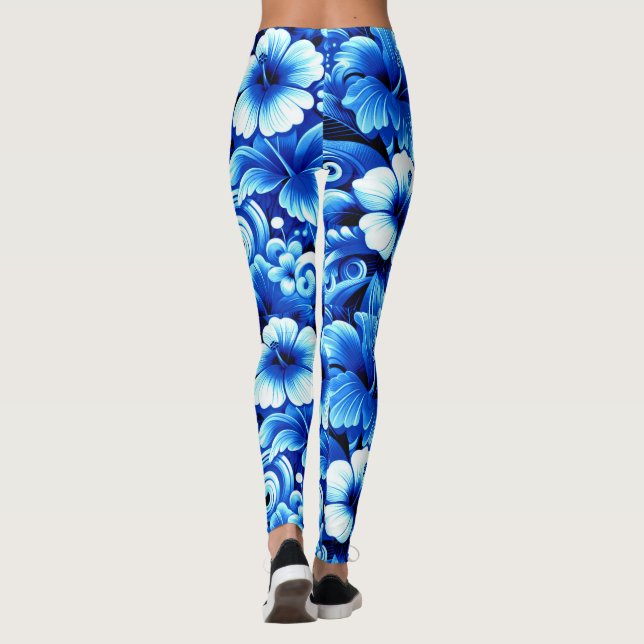 Tropiska Hawaiiska Flowers Hibiscus Cobalt Blue Leggings (Baksida)