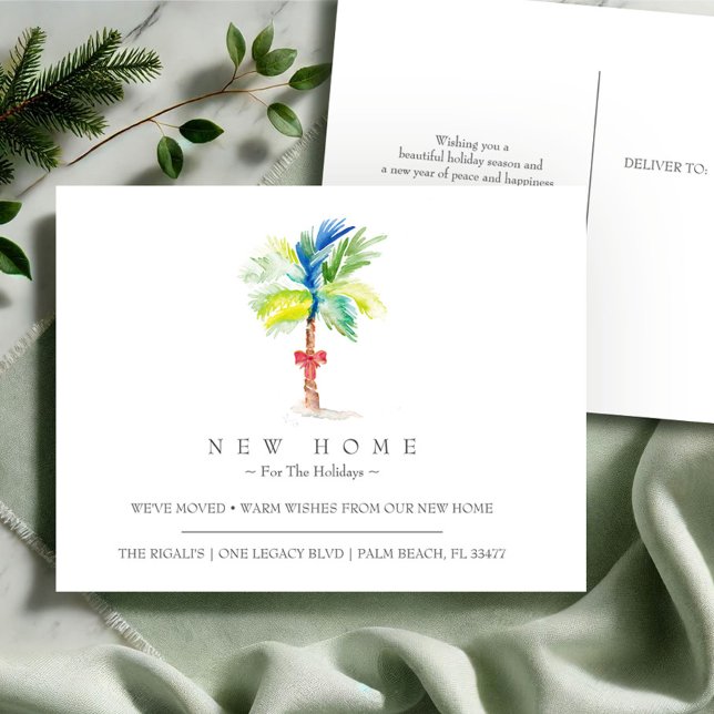 Tropiska Helgdagar Ny anmälan om Flytta hemma Vykort (Tropical Christmas new address moving announcement watercolor palm tree art by Victoria Grigaliunas)