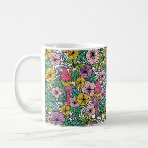 Tropiska hibiscus-blommor med handflatan, parroter kaffemugg