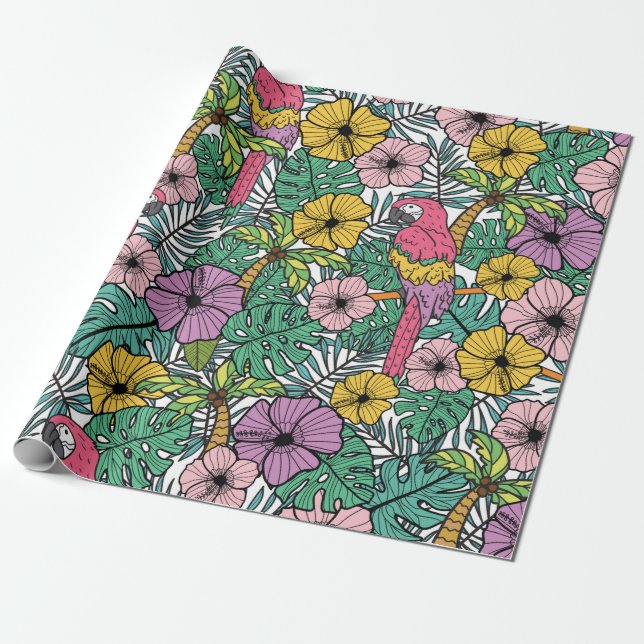 Tropiska hibiscus-blommor med handflatan, parroter presentpapper (Utrullad)