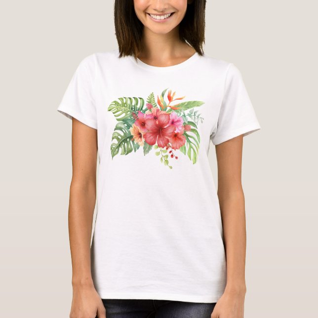 Tropiska Hibiscus Blommor med vattenfärg T Shirt (Framsida)