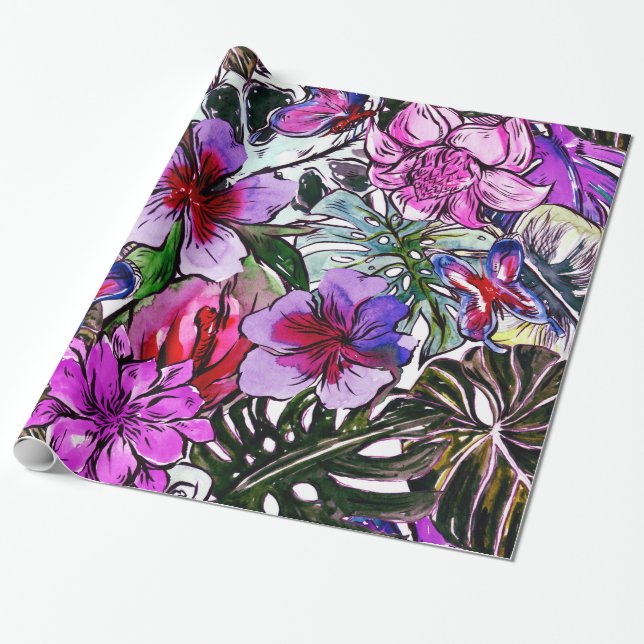 Tropiska HIbiscus Exotic Jungle Flowers Presentpapper (Utrullad)