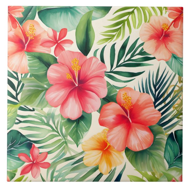Tropiska hibiscus Flower Mönster Kakelplatta (Framsidan)