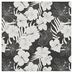 Tropiska Hibiscus Flowers Black and White Mönster Tyg