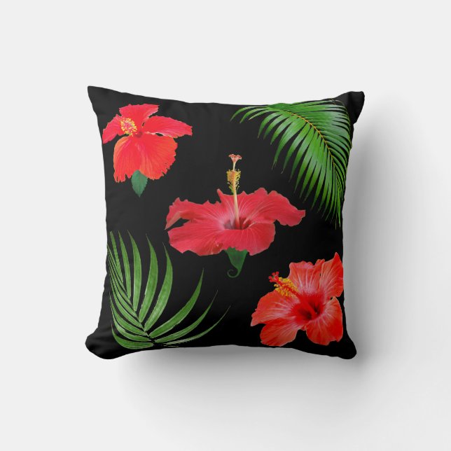 Tropiska Hibiscus Flowers & Handflatan Löv på Blac Kudde (Framsida)