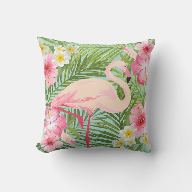 Tropiska Hibiscus Flowers med Rosa Flamingo Kudde (Framsida)