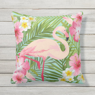 Tropiska Hibiscus Flowers med Rosa Flamingo Kudde