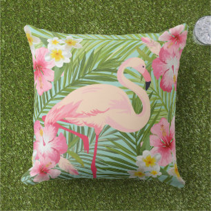 Tropiska Hibiscus Flowers med Rosa Flamingo Kudde