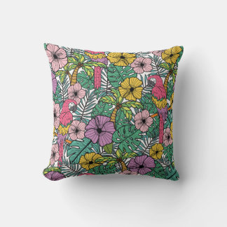 Tropiska hibiscus, handflatan, parroter mönster. kudde