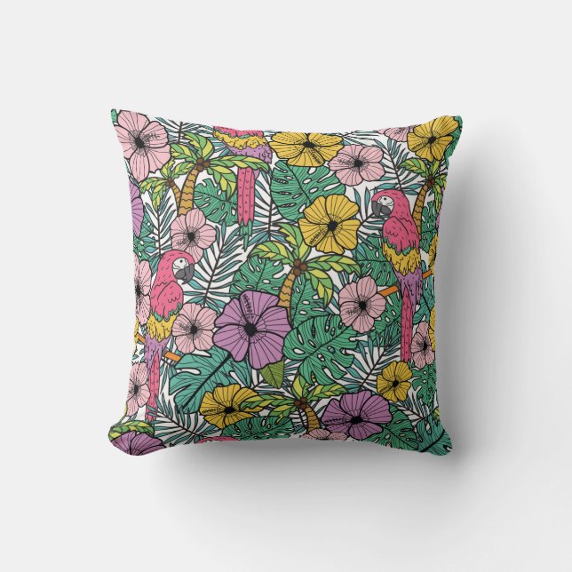 Tropiska hibiscus, handflatan, parroter mönster. kudde (Framsida)