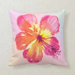 Tropiska Hibiscus på Rosa Gult Aqua Ombre Blommigt Kudde