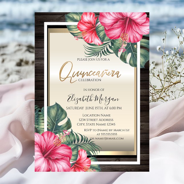 Tropiska Hibiscus Wood Quinceanera Inbjudningar (Skapare uppladdad)