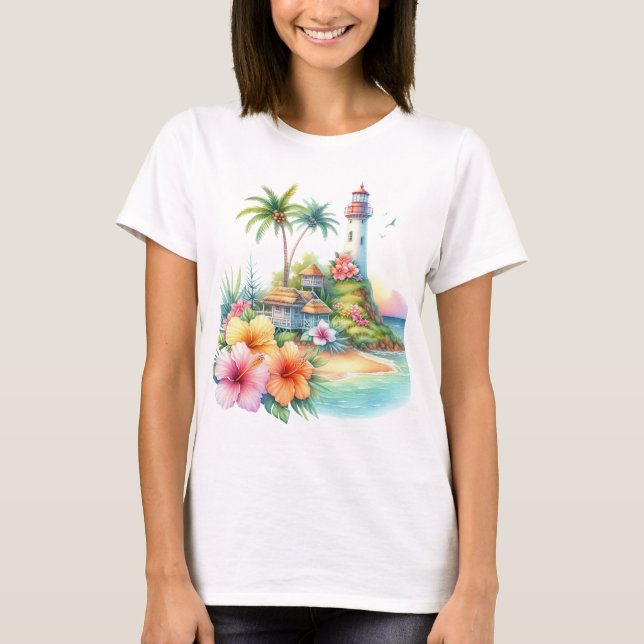TROPISKA HIBISCUSBLOMMOR OCH FYR  T SHIRT (Framsida)