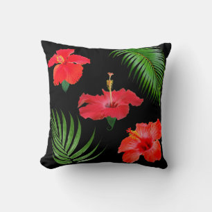 Tropiska hibiskusblommor & palmblad på svart kudde