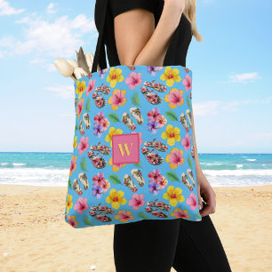 Tropiska Hibuscus Flip Flops Lövverk Rosa Monogram Tygkasse