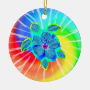 Tropiska Honu Turtle och Hibiscus Julgransprydnad Keramik