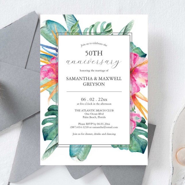 Tropiska inbjudningar på 50:e Bröllop-årsdagen (50th anniversary wedding anniversary invitations watercolor  tropical flowers and palm leaves)